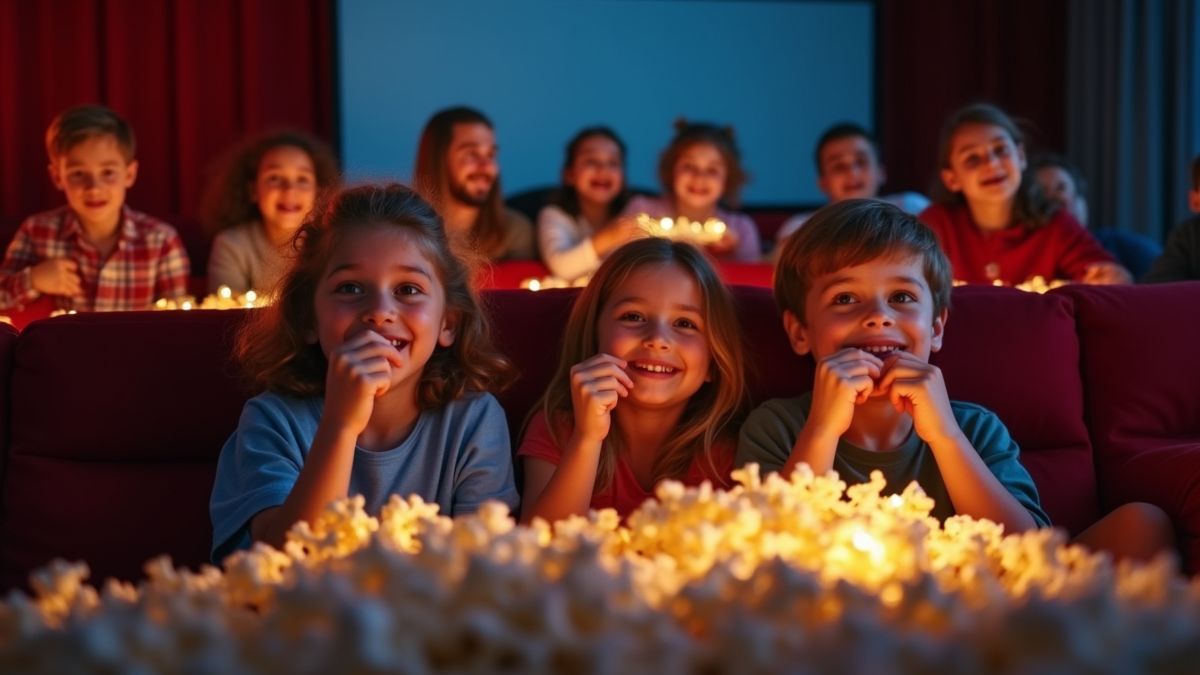 Filmavond met broers en zussen die genieten van popcorn.