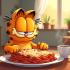 Garfield de Kat geniet van lasagne in een warme woonkamer.