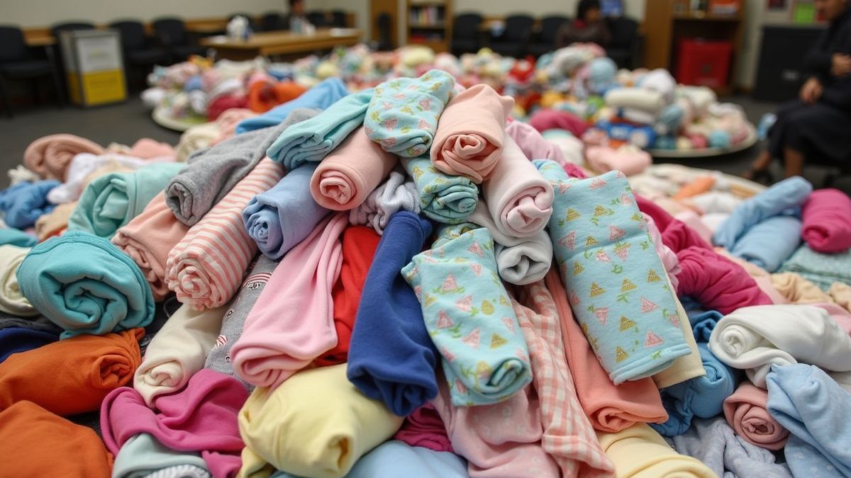 Gedoneerde babykleding netjes opgestapeld in een gemeenschapshuis.