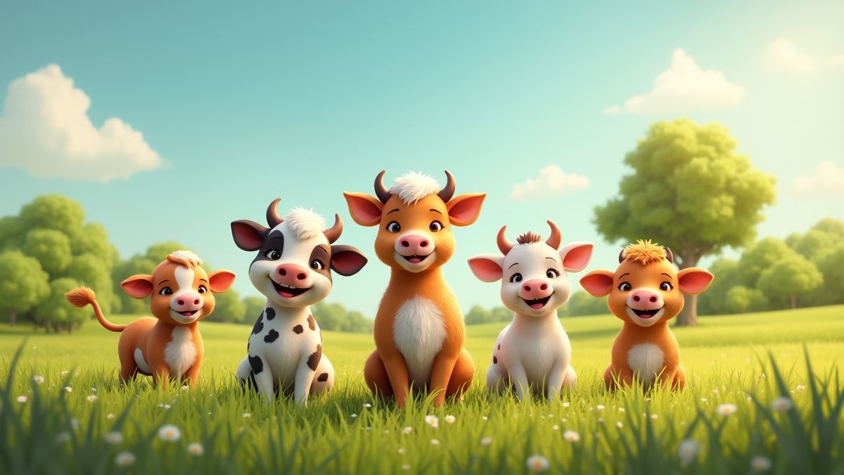 Gelukkige boerderijdieren in een pittoresk landschap.