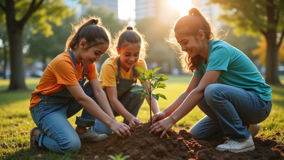 Gemeenschap plant samen bomen in een park onder de zon.