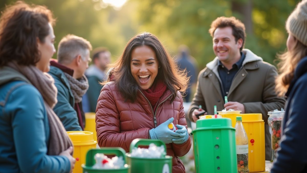 Gemeenschapsactie voor recyclage met blije deelnemers.