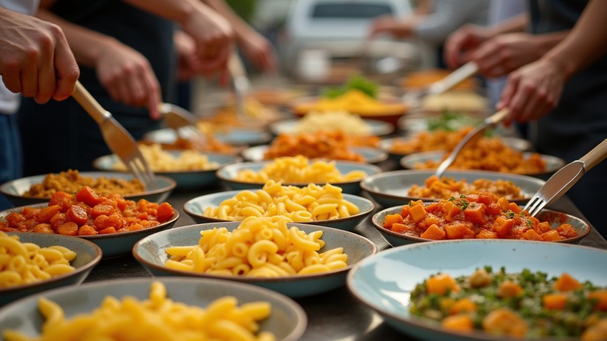 Gemeenschapsactiviteit met macaroni gerechten
