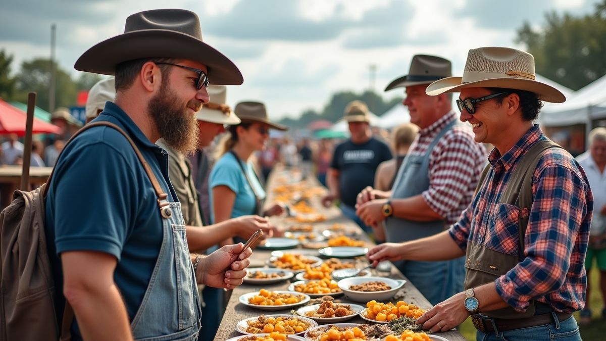 Gemeenschapsbijeenkomst ter ere van Amerikaanse Redneck Dag met lokale producenten die hun producten tonen.