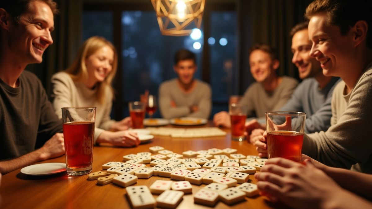 Gezellig samenzijn rond een mahjong-spel met drankjes en snacks.