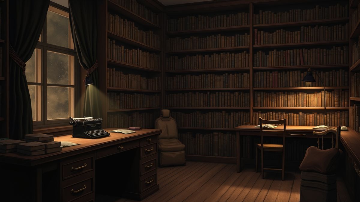 Gezellige bibliotheek met boeken en een typemachine