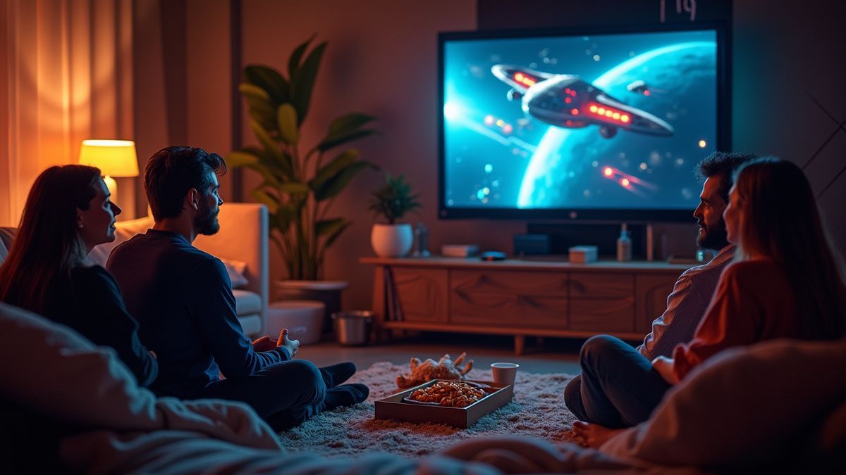 Gezellige bijeenkomst van vrienden die sci-fi films kijken