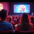 Gezellige bioscoop vol filmkijkers met popcorn en levendige posters.
