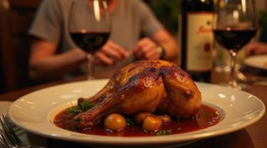 Een prachtig opgemaakte borden Coq Au Vin met rode wijn in een rustieke keuken.