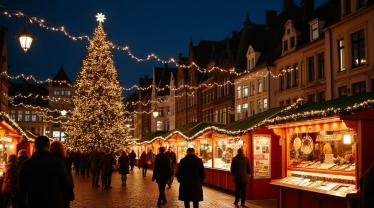 Kerstmarkt met twinkelende lichtjes in Vlaanderen