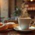 Gezellige koffieshop met een dampende kop koffie en lekkernijen