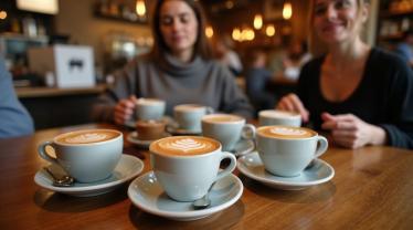 Gezellige koffieshop met verschillende soorten lattes op tafel.