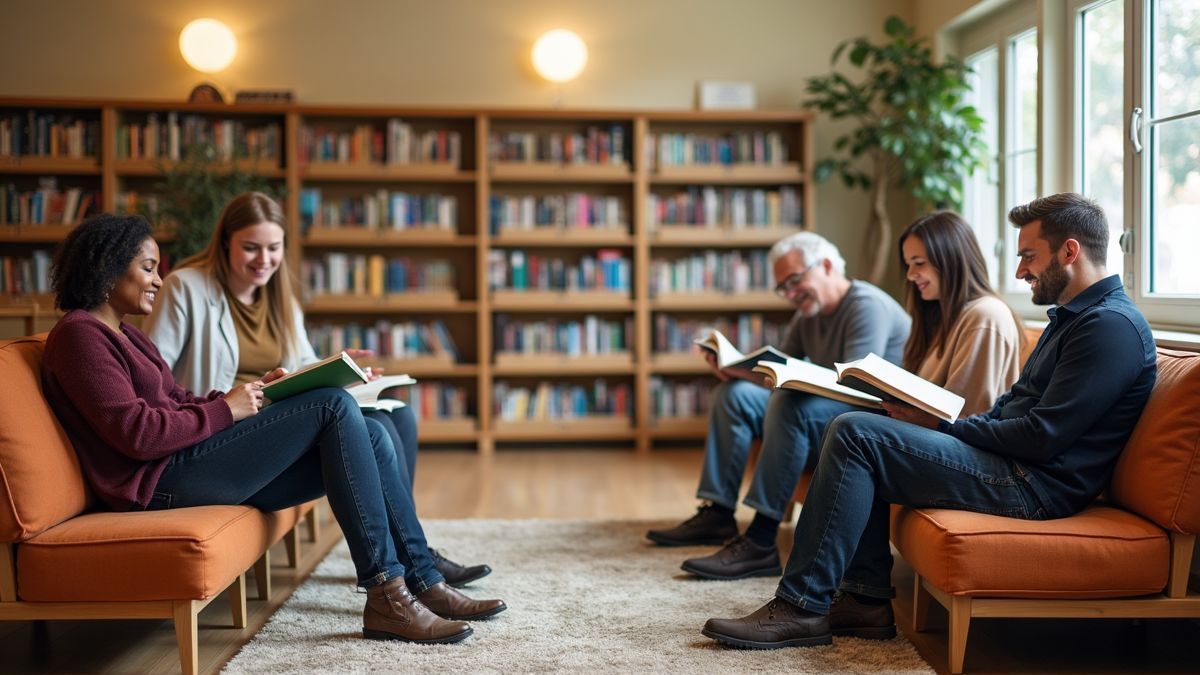 Gezellige leeshoek in bibliotheek met actieve lezers.