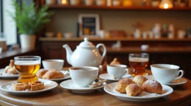 Een rustige setting met verschillende soorten thee en Belgische gebakjes.