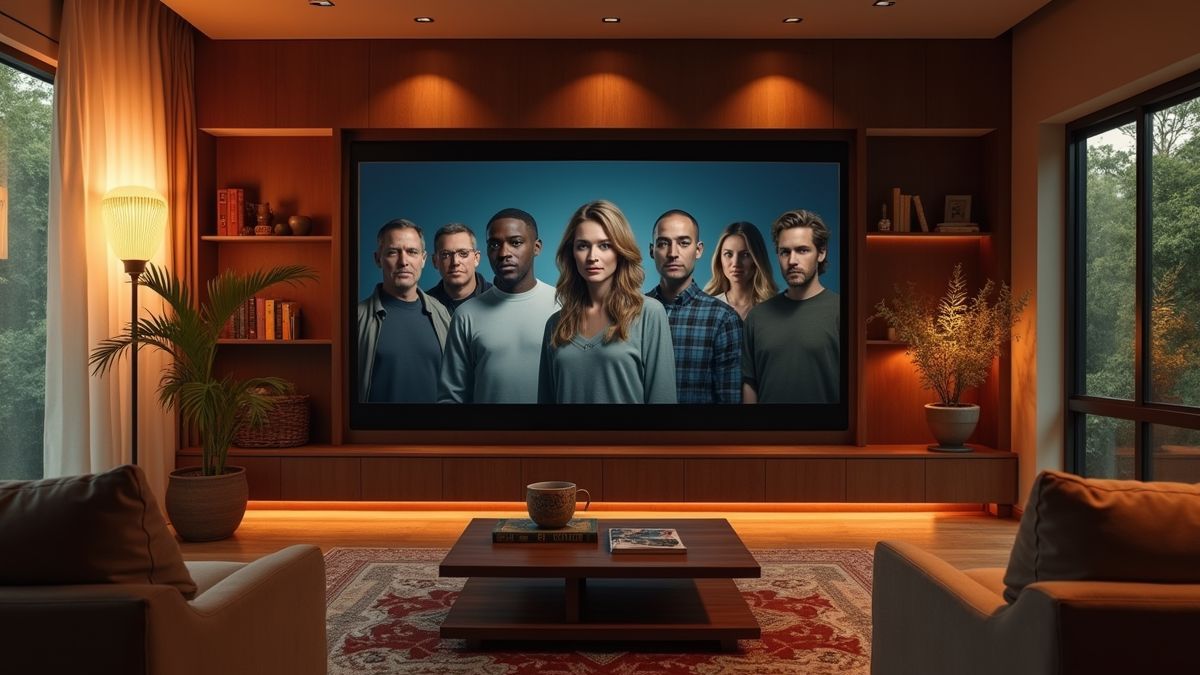 Gezellige woonkamer met een groot scherm dat een serie toont