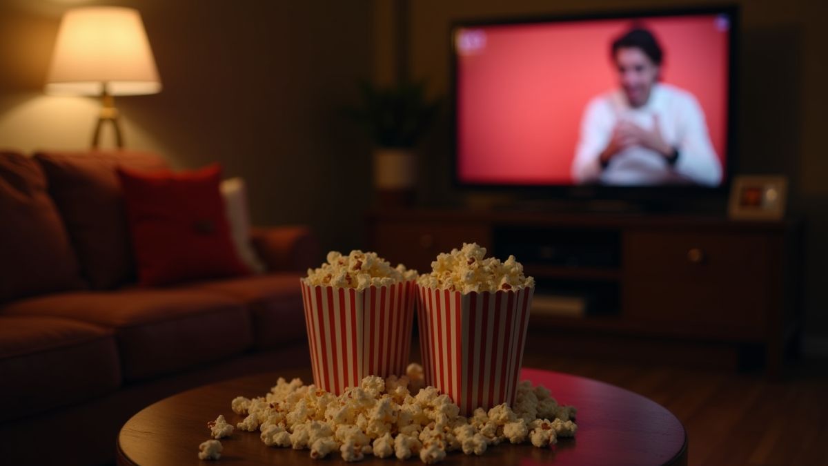 Gezellige woonkamer met tv en popcorn.