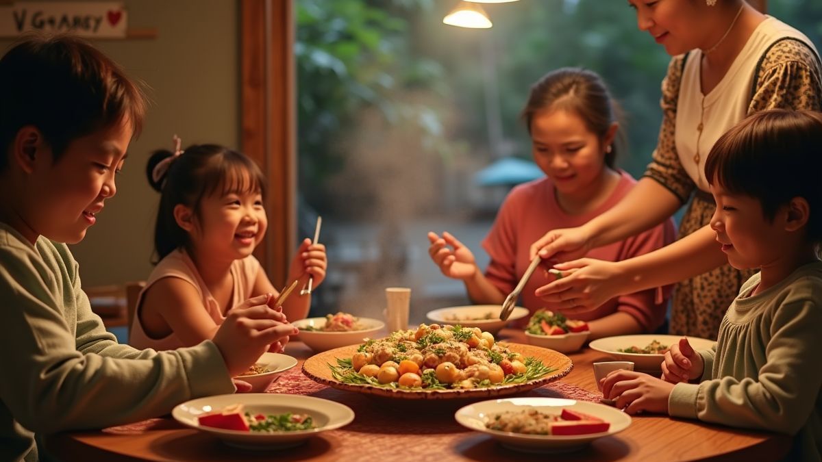 Gezin dat samen traditionele gerechten bereidt
