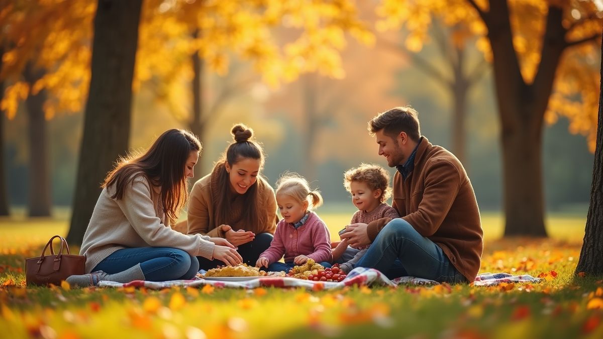 Gezin geniet van een herfstpicknick in park.