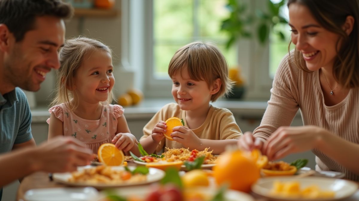 Gezin geniet van een maaltijd met citrusthema