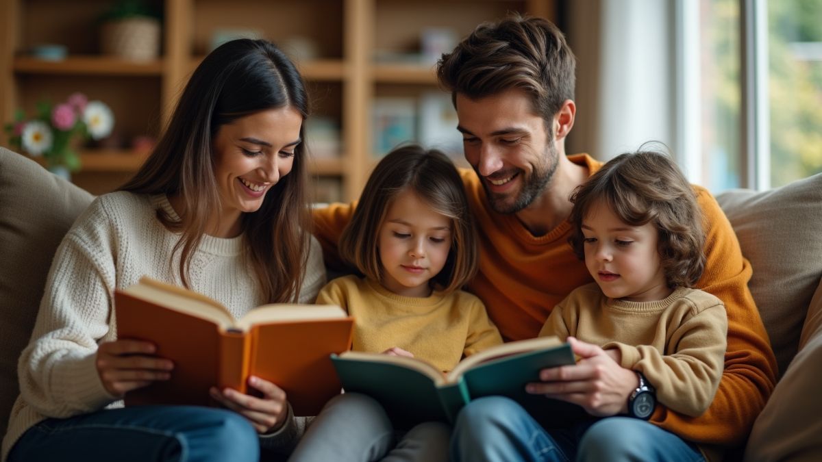 Gezin leest samen boeken in een gezellige woonkamer.