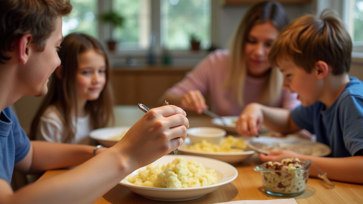 Gezin rond de tafel genietend van aardappelpuree.