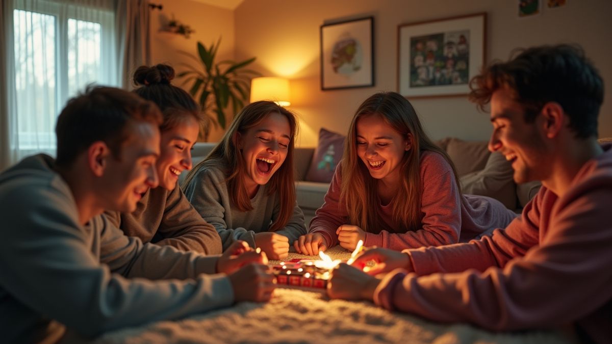 Gezin speelt spelletjes in de woonkamer in pyjama's