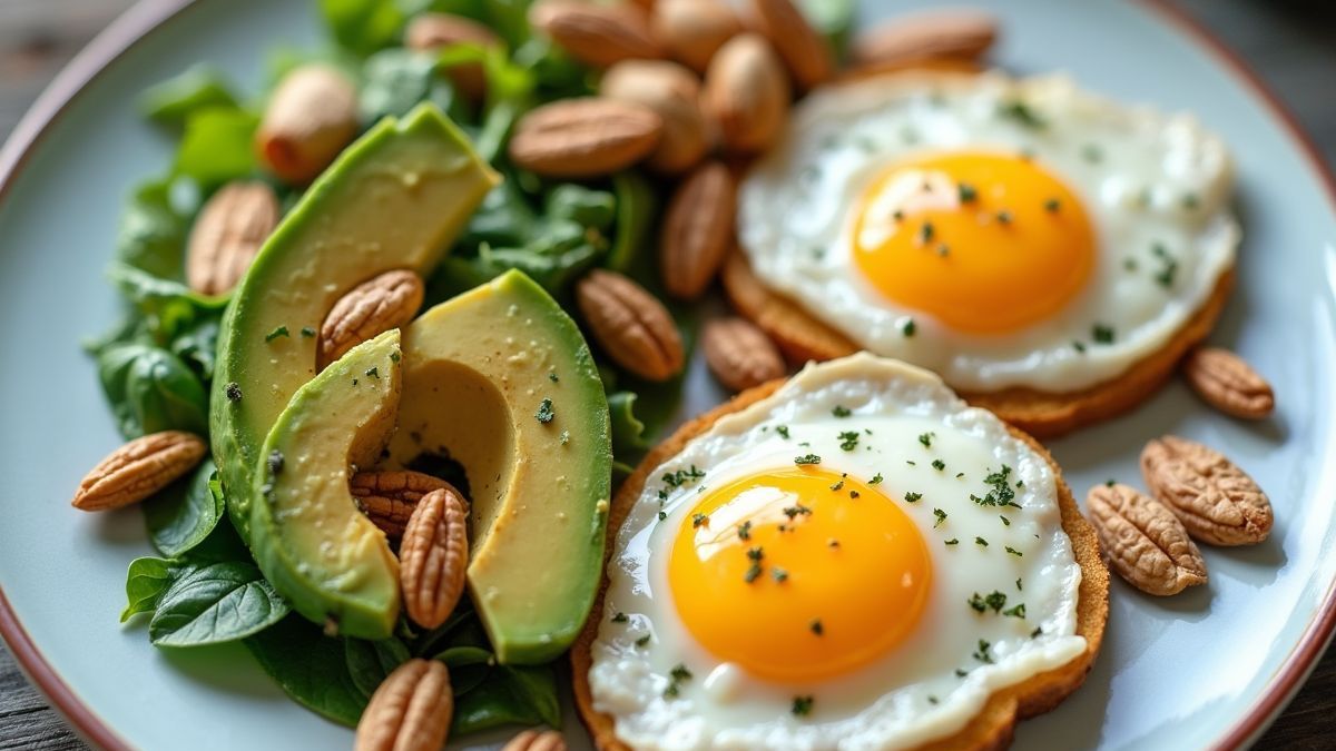 Gezond ontbijt met eieren, avocado en noten