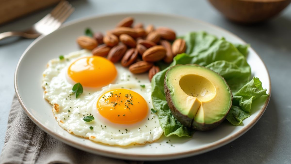 Gezond ontbijt met eieren, avocado en noten