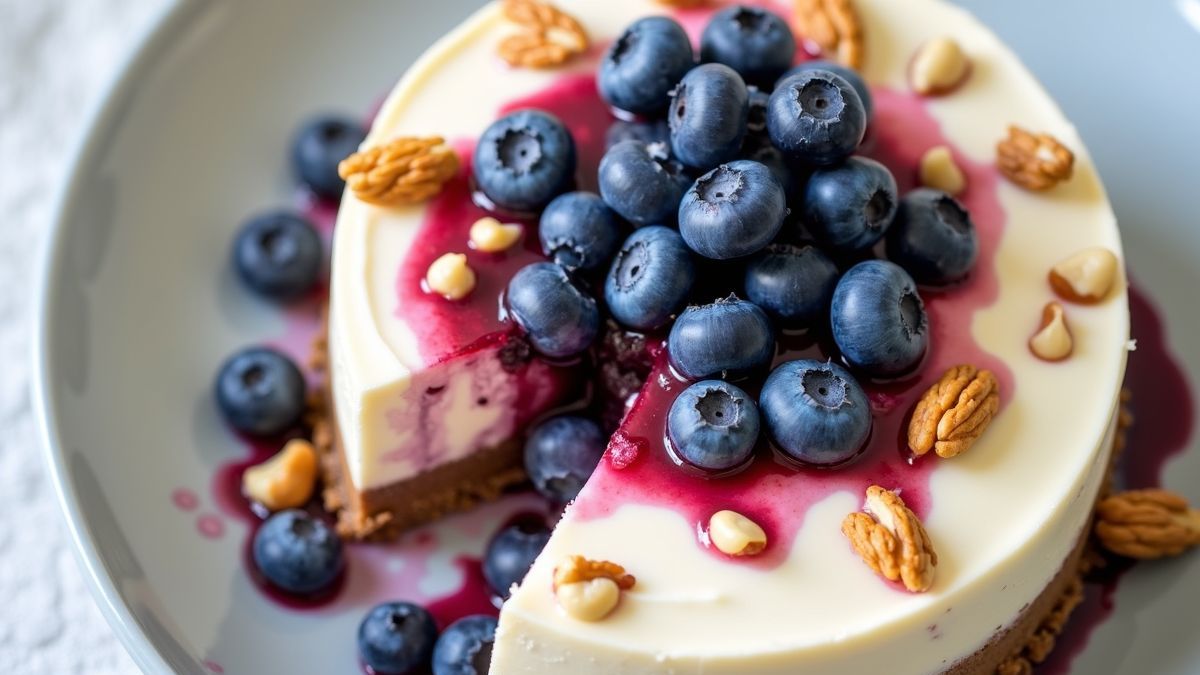 Gezonde blauwe bessen cheesecake gemaakt met yoghurt en noten