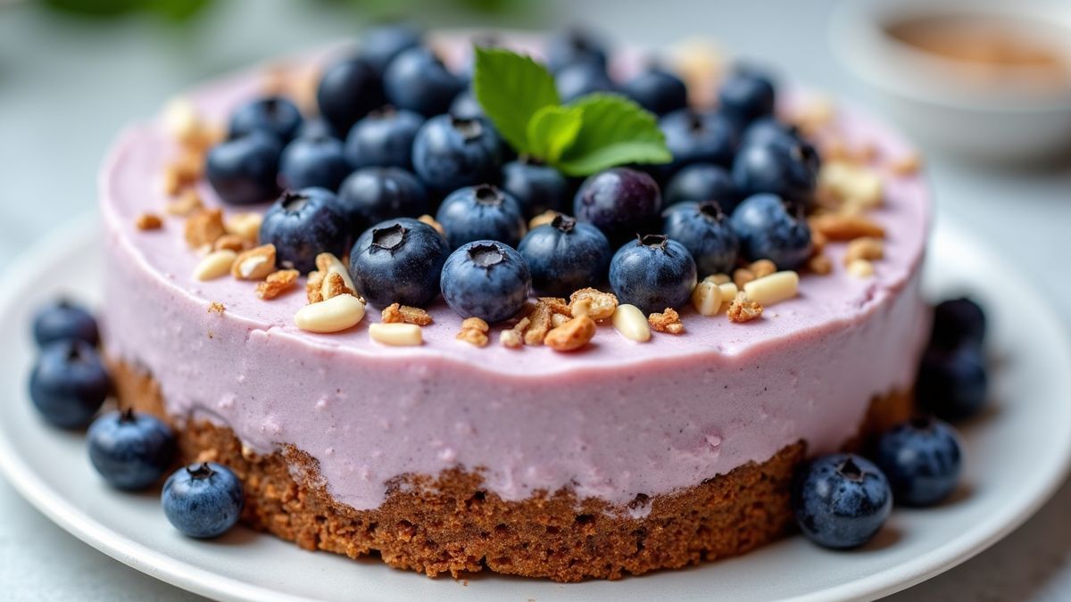 Gezonde blauwe bessen cheesecake gemaakt met yoghurt en noten