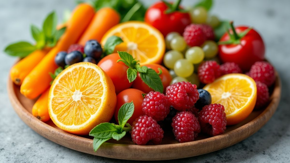 Gezonde maaltijd met kleurrijke groenten en fruit.