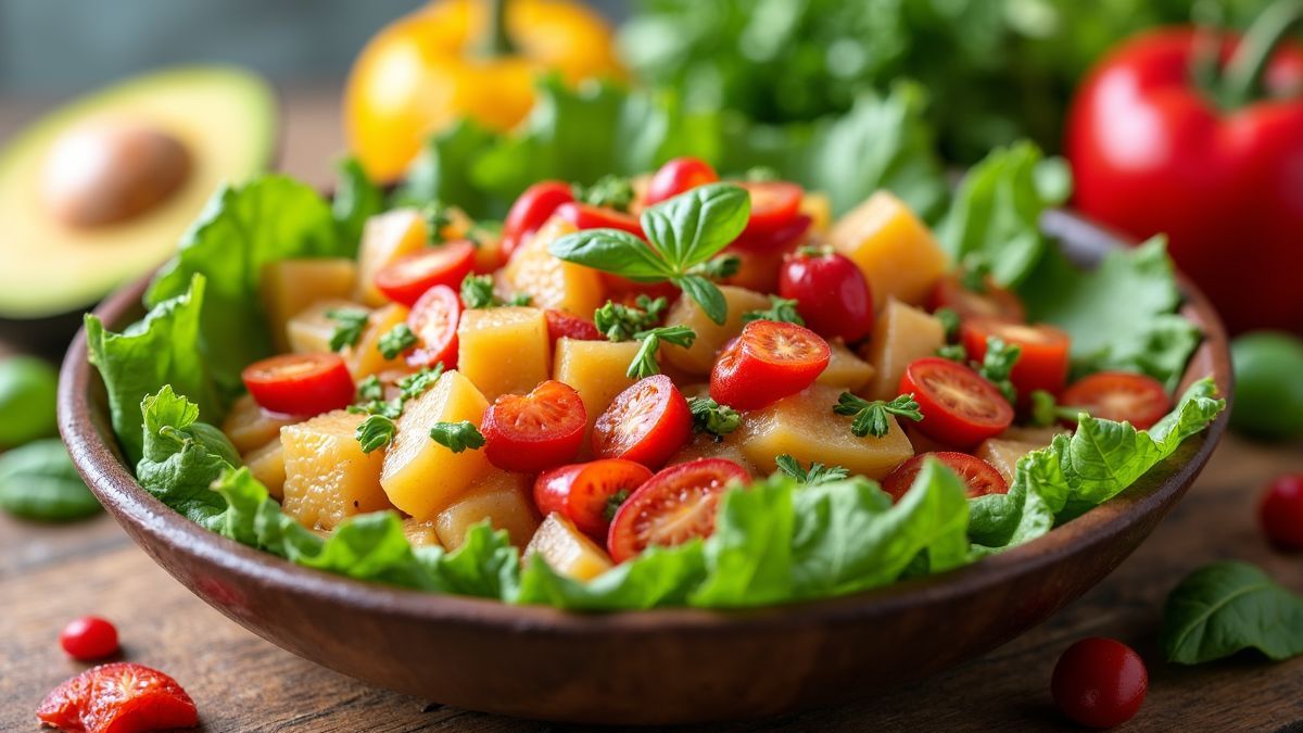 Gezonde maaltijd met kleurrijke groenten en fruit.