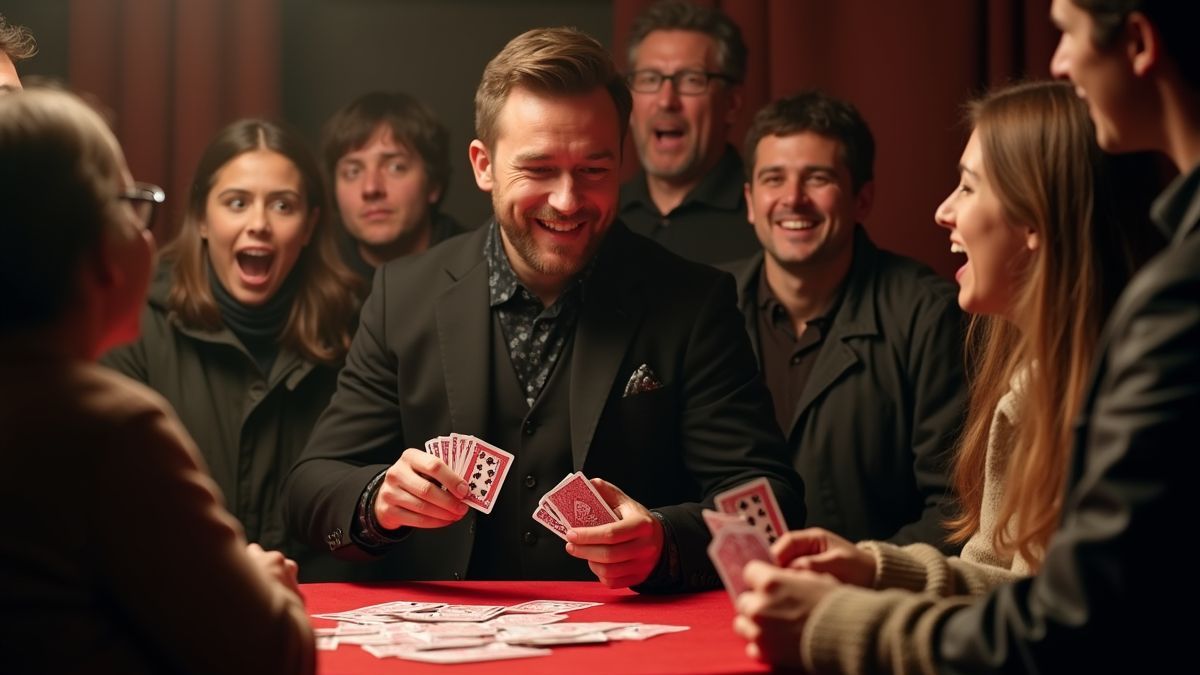 Goochelaar voert een truc uit met kaarten