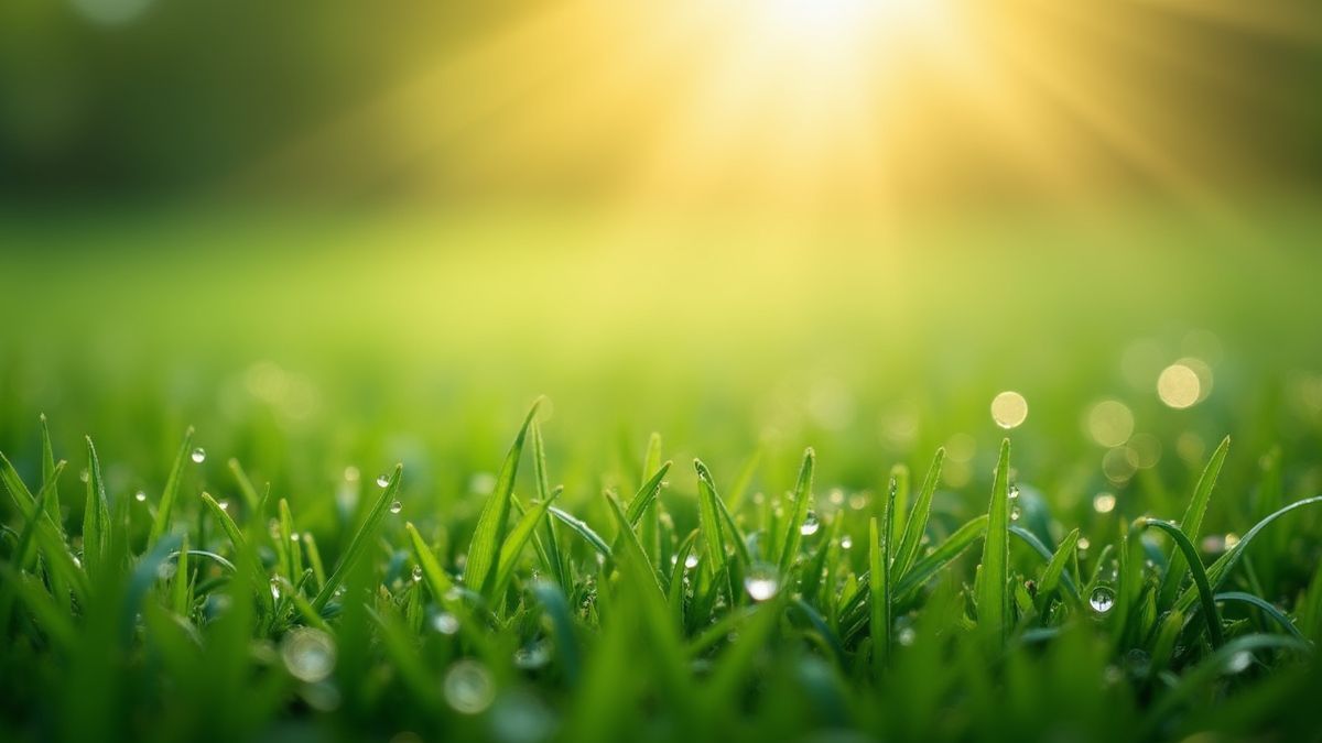 Gras met dauwdruppels onder ochtendzonlicht.