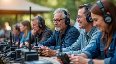 Een groep mensen met amateur radioapparatuur in de natuur