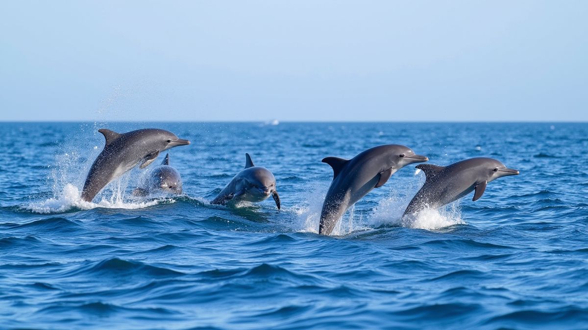 Groep dolfijnen springt in de oceaan.