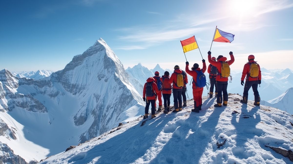 Groep klimmers op de top van de Mount Everest
