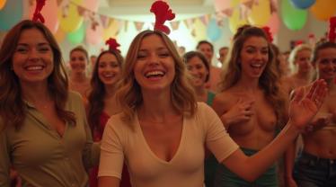 Groep mensen danst de kipdans op een kleurrijk feest.