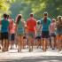 Groep mensen die blootsvoets in een park lopen.