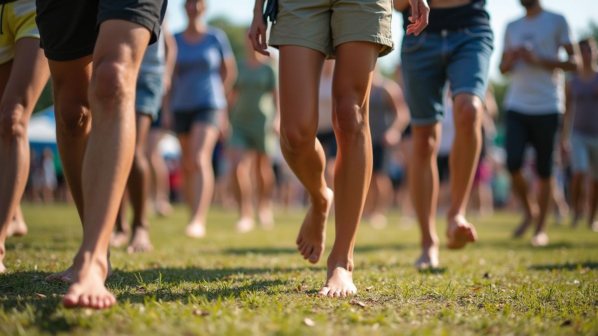 Groep mensen die blootsvoets in een park lopen.