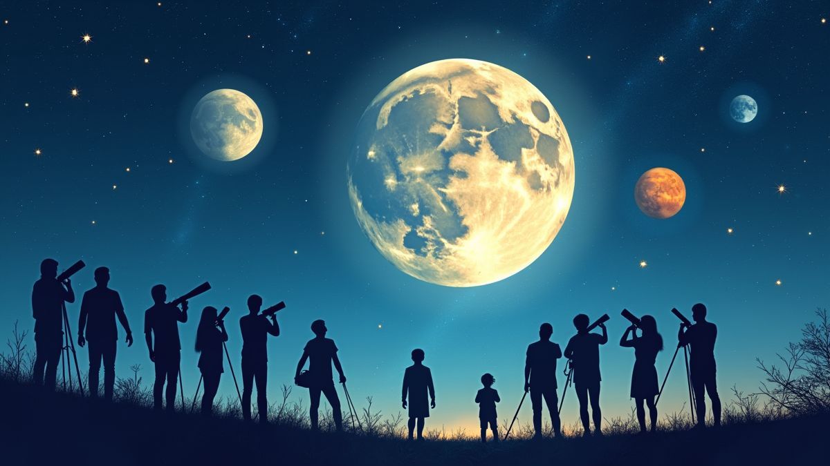 Groep mensen die door telescopen naar de maan kijken
