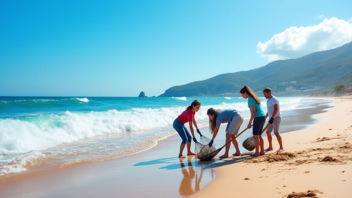 Groep mensen die een strand schoonmaakt