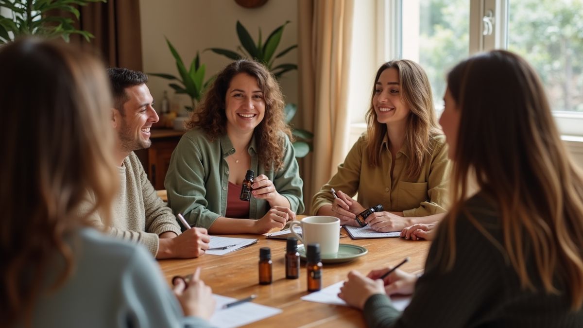 Groep mensen die genieten van een workshop over essentiële oliën