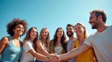 Groep mensen die glimlachen onder een blauwe hemel