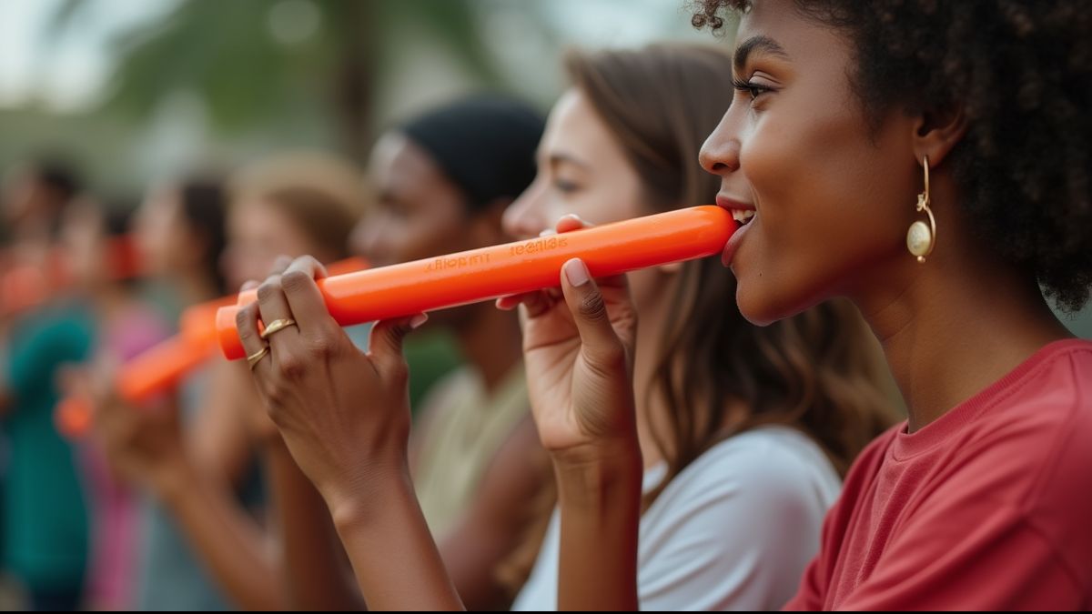 Groep mensen die samen kazoos spelen