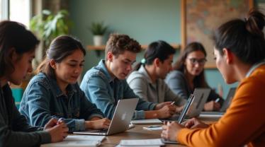 Groep mensen gebruiken digitale apparaten om te leren
