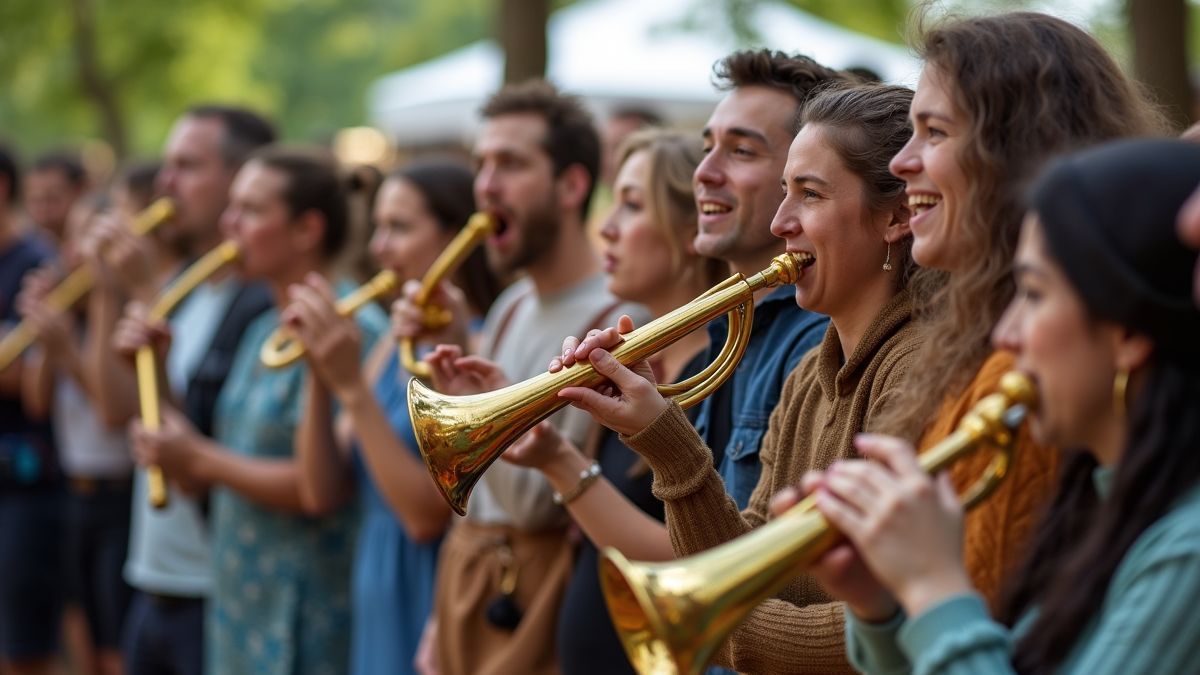 Groep mensen geniet van een crumhorn optreden op een lokaal festival