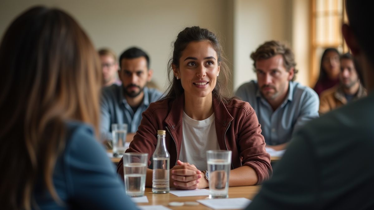 Groep mensen in een gemeenschapsvergadering over klokkenluiders.