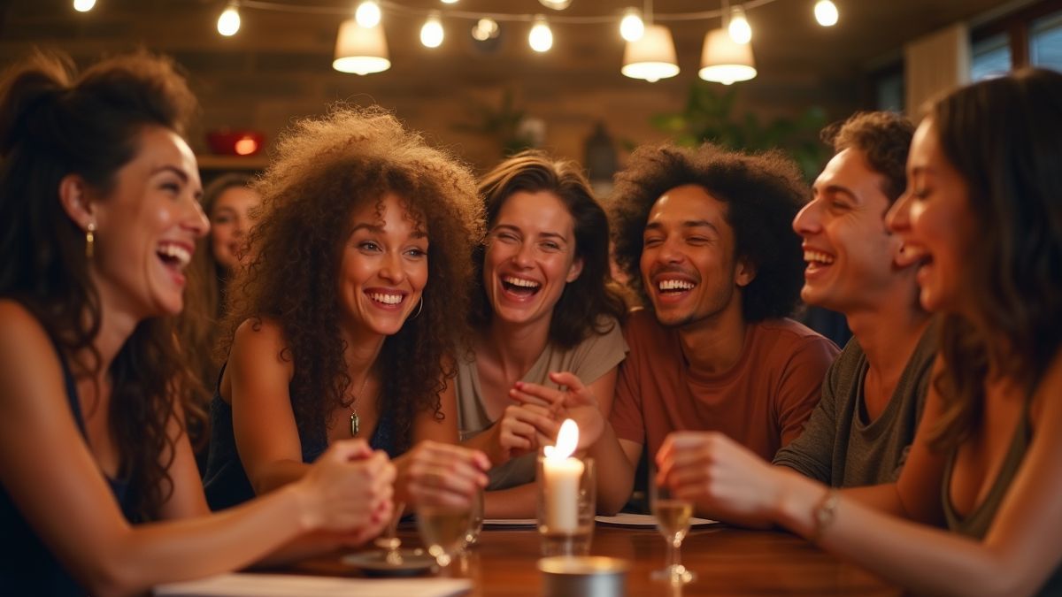 Groep mensen lacht terwijl ze samen een gokspel spelen