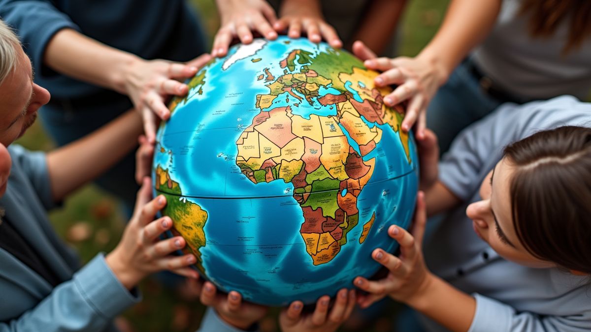 Groep mensen rond een globe symboliserend wereldwijde samenwerking
